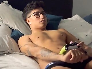 Solo Have Fun With Big Dick Latino Youngster Wearing Geek Glasses